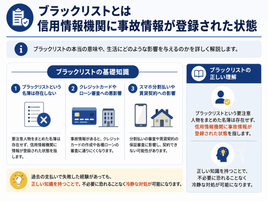 ブラックリストとは信用情報機関に事故情報が登録された状態についての画像
