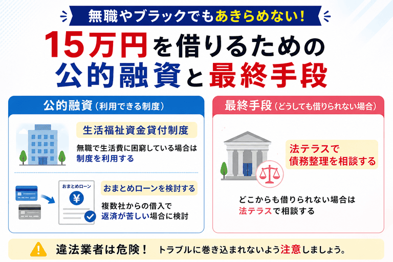無職やブラックで15万円借りるための公的融資と最終手段
