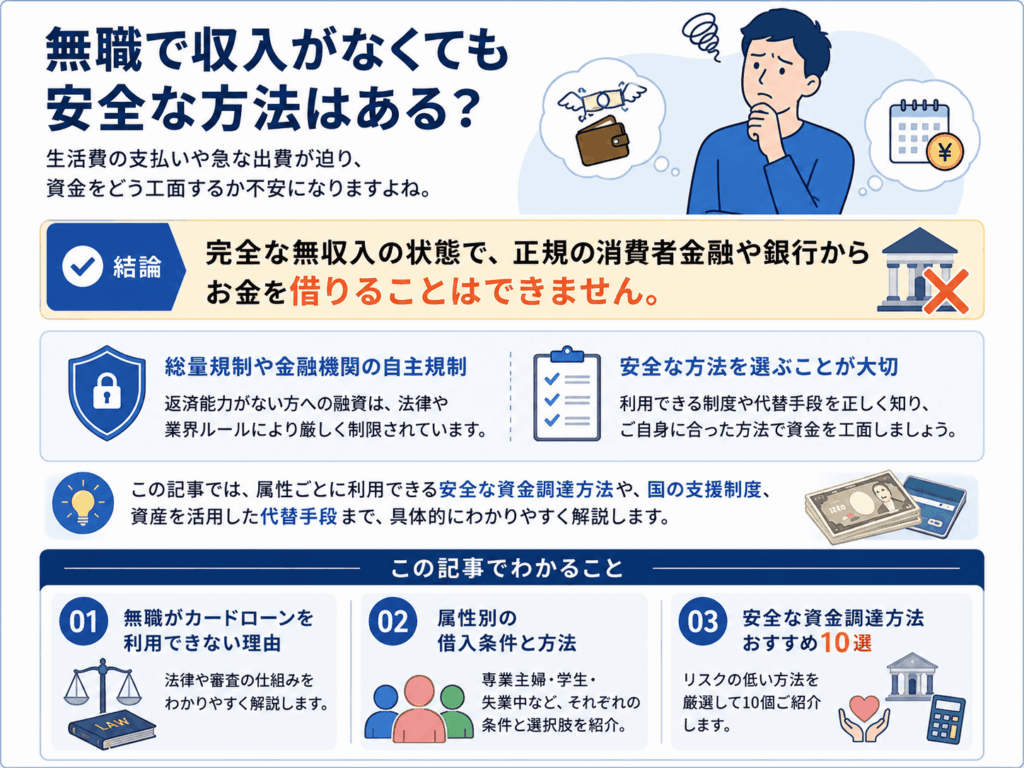無職で収入がなくても安全な方法があることを示す画像