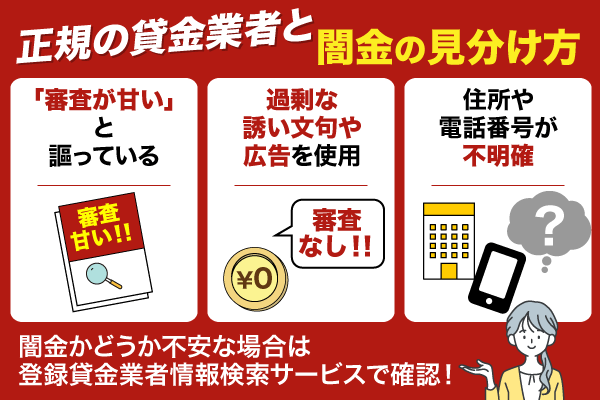 正規の貸金業者と闇金の見分け方についての列挙型画像